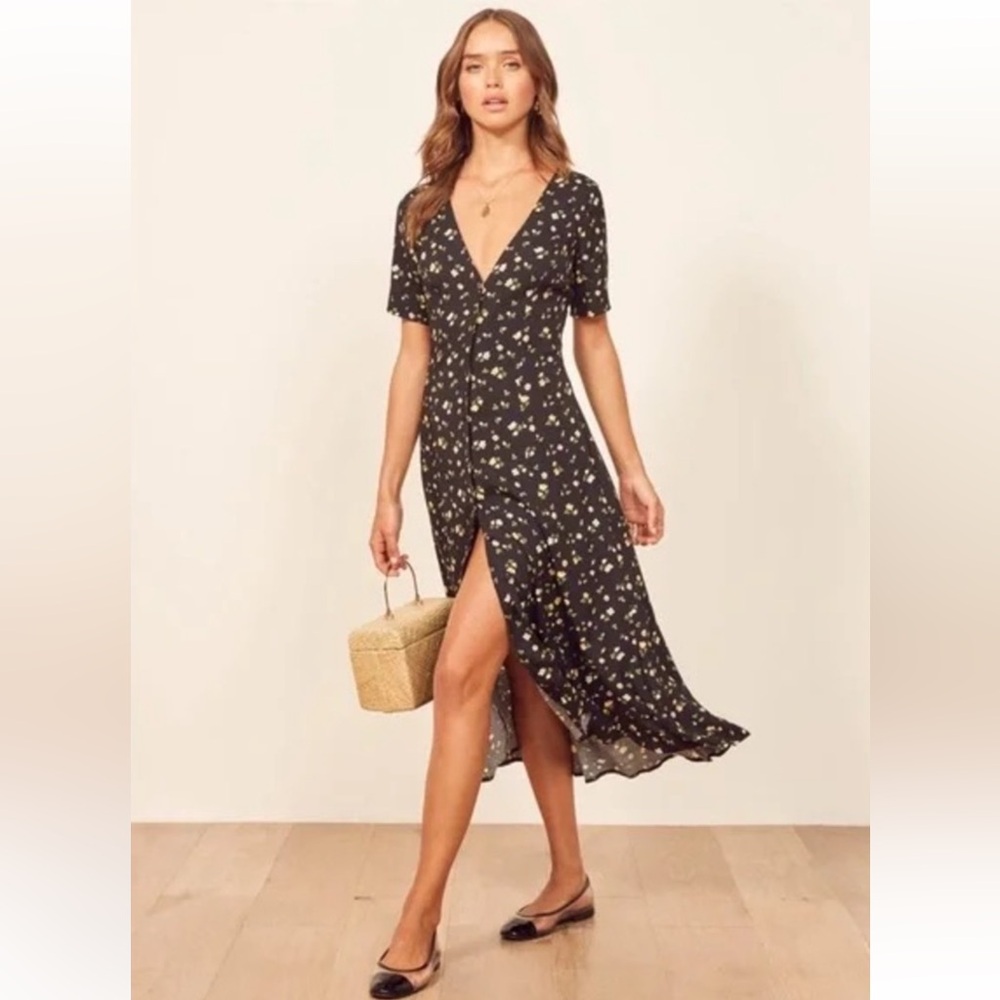 Reformation Venezia Black Floral Crepe Dress